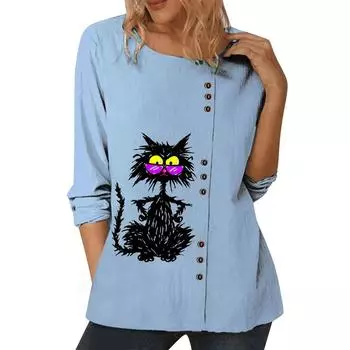 Женственный синий хлопковый топ для женщин с индивидуальными принтами, круглым вырезом, длинными рукавами и украшением на пуговицах, размеры S-5XL S