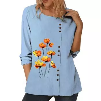 Женственный синий хлопковый топ для женщин с цветочным узором, длинными рукавами и украшением на пуговицах S