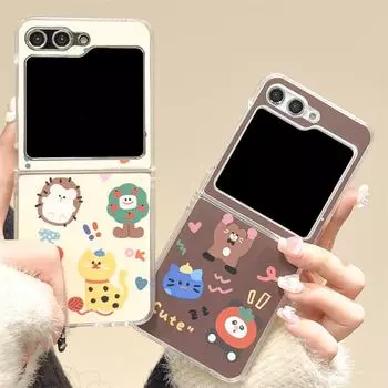 Жесткий чехол для Samsung ZFlip6 с двумя складными экранами и рисунком в виде маленьких животных в стиле граффити для женского телефона ZFlip5/4/3. Samsung zfilp5 коричневый