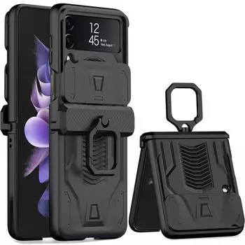 Жесткий противоударный чехол сдвижная крышка объектива для Samsung Galaxy Z Flip 4 5g, чехол с магнитным шарниром и кольцом для Samsung Flip4, чехол case with ring чёрный