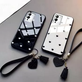 Жесткий стеклянный чехол для телефона Love Heart для Infinix Note 10 11 Pro 11s 12 G96 G88 Hot 12 Play 12i 11 11s, мягкий защитный чехол с ремешком с кисточкой For Infinix Note 10 чёрный