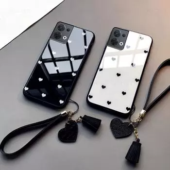 Жесткий стеклянный чехол для телефона Love Heart для OPPO Reno 8 Pro Plus 8T 4G 5G Reno 9 10 Pro Plus, мягкий защитный чехол с кисточкой и ремешком с кисточкой For Reno 8T 5G белый