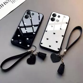 Жесткий стеклянный чехол для телефона Love Heart для Xiaomi Redmi Note 13 Pro 4G 5G 12 Pro Plus Turbo 3 Note 12s 11 Pro, защитный чехол с ремешком с кисточкой Redmi Note 13 4G белый