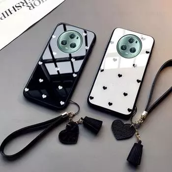 Жесткий стеклянный чехол для телефона Love Heart для Honor Magic 5 Lite 5 Pro Magic 4 3 Pro, мягкий защитный чехол с рамкой и ремешком с кисточкой For Honor Magic5 чёрный