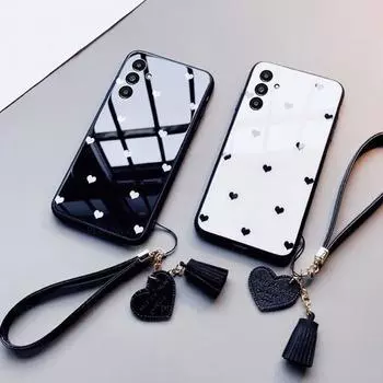 Жесткий стеклянный чехол для телефона с сердечком для Samsung M55 M15 M54 M53 M34 M14 M53 M33 M23 M13 M52 M51 M31, защитный чехол с ремешком с кисточкой for Samsung M15 белый