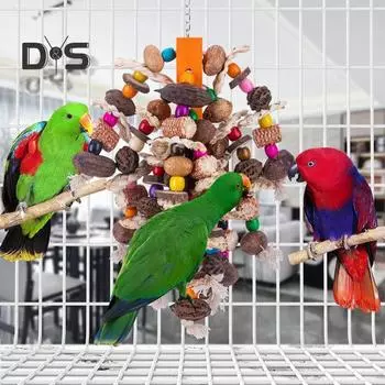 Жевательная игрушка-попугай с натуральными орехами, игрушка для разрывания кукурузы, игрушка в виде птичьей клетки, деревянные блоки, жевательная игрушка для птиц с крючками для ара, какаду, африканские серые попугаи