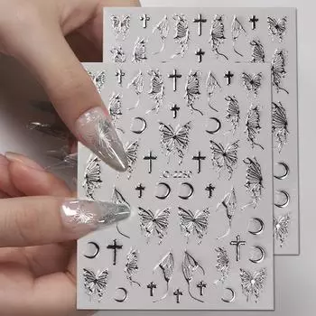 Жидкая наклейка с бабочкой для дизайна ногтей, черно-белая лазерная наклейка «Аврора», темно-полая, украшения для ногтей «сделай сам» 2250-1