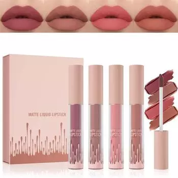 Жидкая помада, нюдовая красная бархатная помада, увлажняющий гладкий оттенок для губ, 4 цвета, антипригарный стаканчик, не выцветает, стойкая водостойкая помада-блеск для губ в подарок One Size
