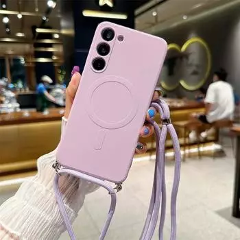 Жидкий магнитный чехол с ремешком через плечо для iphone 14 13 12 11 X XR XS Max 7 8 SE 2020/Samsung Galaxy S23 S22 Ultra Magsafe, силиконовая мягкая задняя крышка For Samsung S22 розовый