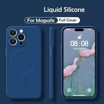 Жидкий силикон для чехла MagSafe для iPhone 14 Pro Max 13 12 11 XS XR 7 8Plus с магнитной беспроводной зарядкой, мягкий противоударный чехол-бампер iPhone 14 Pro Max чёрный