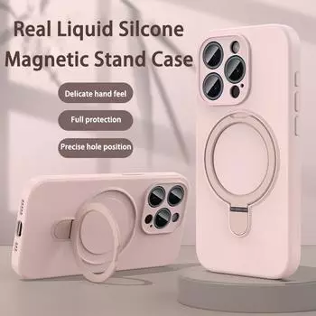 Жидкий силиконовый магнитный чехол-подставка для iPhone 15 14 Plus 13 12 Pro Max 11 для беспроводной зарядки Magsafe невидимый держатель противоударный защитный чехол For iPhone 13Pro Max чёрный