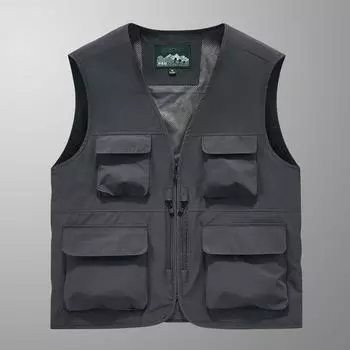 Жилет без рукавов мужской Four Seasons для среднего возраста, для отдыха на открытом воздухе, свободный жилет большого размера, спортивный жилет с несколькими сумками S хаки