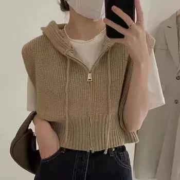 Жилет без рукавов с капюшоном для ранней осени, женский свитер, новый свободный короткий трикотажный топ с завязками на молнии One Size белый