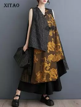 Жилет без рукавов в китайском стиле XITAO, модный универсальный однобортный нерегулярный лоскутный жилет 2024 года, осенний женский новый жилет DMJ4169 One Size жёлтый