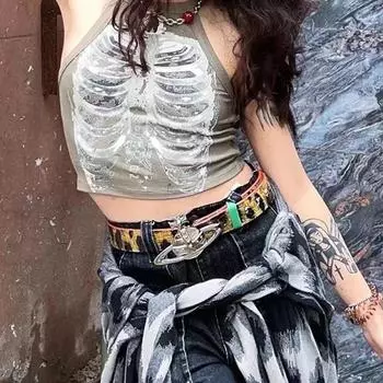 Жилет без рукавов в рубчик с принтом и зеленым верхом с открытым пупком S армия зеленый