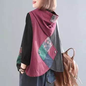 Жилет больших размеров в этническом стиле, женский джинсовый жилет с капюшоном и пуговицами, повседневный жилет весной и летом XXXXXL красный