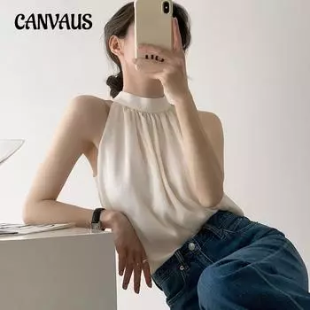 Жилет-бретелька Женская верхняя одежда Шикарный костюм Внутренний низ с подвесным воротником Шифоновый топ Майки S белый