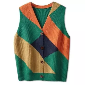 Жилет через плечо женский весна осень новый вязаный цветной блок жилет с V-образным вырезом женский свитер one size зелёный