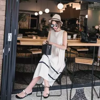 Жилет Длинная юбка Женское свободное темпераментное полосатое женское платье А-силуэта M белый