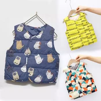 Жилет для девочек, модный зимний жилет без рукавов для маленьких мальчиков, топы с мультяшным принтом, пальто, детский теплый жилет, верхняя одежда 100