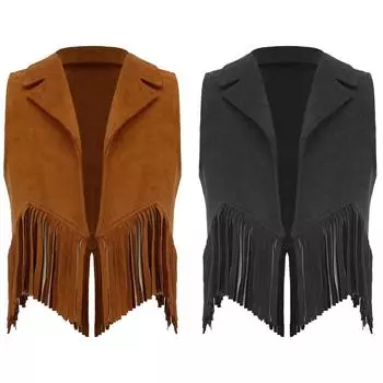 Жилет для девочек с бахромой в стиле хиппи 70-х годов, верхняя одежда без рукавов в стиле ковбой из искусственной замши с кисточками в стиле вестерн 5-6 Years чёрный