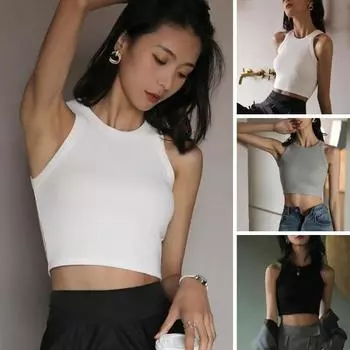 Жилет для йоги без рукавов с круглым вырезом и пупком, поглощающий пот, сексуальный сплошной цвет L чёрный