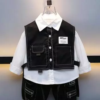 Жилет для мальчиков на весну и осень, имитация рубашки из двух частей, весенняя повседневная модная одежда для маленьких и средних детей, топы 150 белый