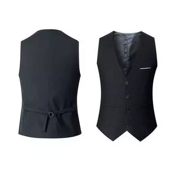 Жилет для мужского костюма Yousheng, однобортный жилет без рукавов с V-образным вырезом, облегающий деловой жилет, однотонный жилет для торжественного платья M чёрный