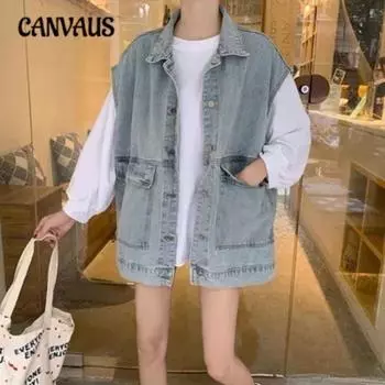 Жилет для работы больших размеров, джинсовая куртка, женская верхняя одежда на весну и осень, стиль Гонконг, свободная куртка без рукавов и плеч для верховой езды S чёрный