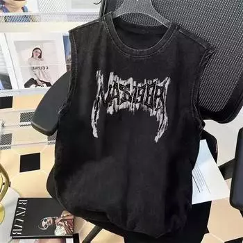 Жилет для велоспорта, мужской жилет из чистого хлопка, без рукавов, стираный, старый, грубый, красивый, трендовый, ретро, американский жилет, одежда S