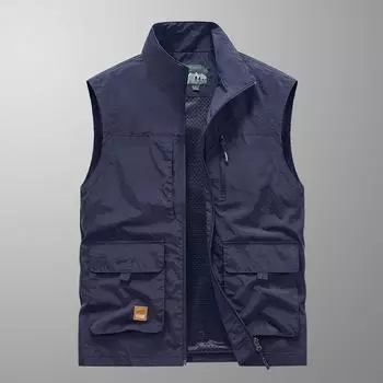 Жилет для весны и осени, мужской тонкий повседневный жилет для работы на открытом воздухе с несколькими карманами, мужской свободный жилет со стоячим воротником XXXXXL чёрный
