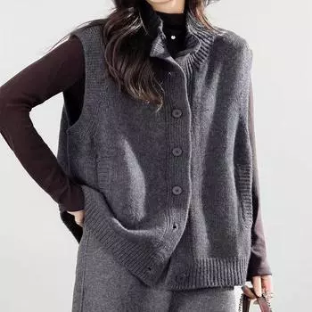 Жилет для женщин из хлопка, осенне-зимний, безрукавный, вязаный, жилет-свитер, свободный, утолщенный, повседневный, с V-образным вырезом S чёрный