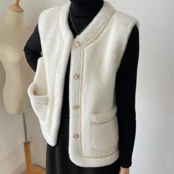Жилет для женщин из хлопка, осенне-зимний, безрукавный, вязаный, жилет-свитер, свободный, утолщенный, повседневный, с V-образным вырезом M белый