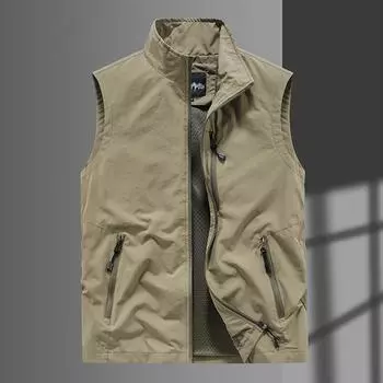 Жилет Four Seasons для мужчин среднего и пожилого возраста, тонкий жилет без рукавов с воротником-стойкой, многокарманный, быстросохнущий, жилет большого размера M хаки