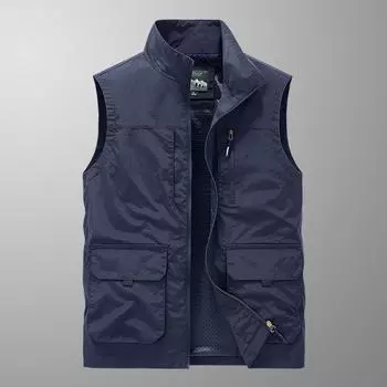 Жилет Four Seasons для мужчин среднего и пожилого возраста. Тонкий жилет без рукавов с воротником-стойкой и несколькими карманами. Быстросохнущий жилет. Жилет большого размера. M серый