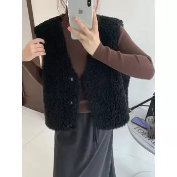 Жилет Hanli Hanqi из 100% овечьей шерсти с V-образным вырезом, свободная куртка из зернистого овечьего меха One size