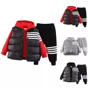 Жилет из бархата для мальчиков и утолщенные брюки-свитера для мальчиков. Спортивный комплект из трех предметов. 100 серый