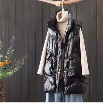 Жилет из блестящего пухового хлопка, женская верхняя одежда, зимний жилет, утолщенный теплый жилет, куртка 2XL чёрный