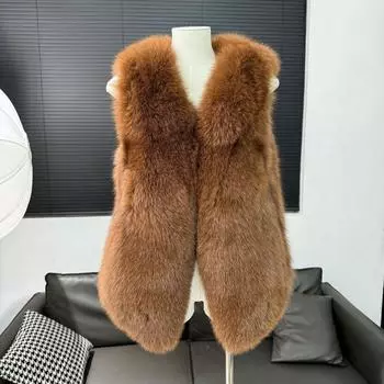 Жилет из цельного меха лисы one size fits all хаки