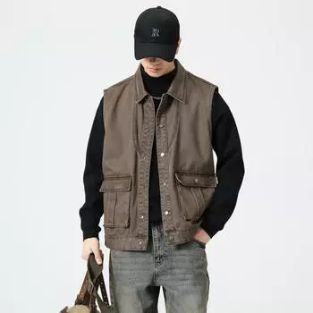 Жилет из чистого хлопка, жилет мужской, весна и осень, стираный, старый, ретро, американский, тактический жилет мужской, осень и зима M хаки