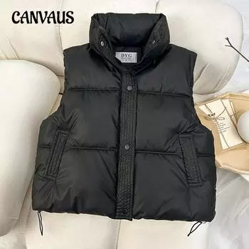 Жилет из хлопка больших размеров для женщин, осень и зима, свободная хлопковая майка с воротником-стойкой, безрукавка, модный жилет L чёрный