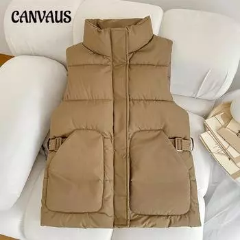 Жилет из хлопка больших размеров для женщин, осень и зима, свободная хлопковая майка с воротником-стойкой, безрукавка, модный жилет M чёрный