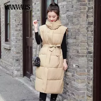 Жилет из хлопка больших размеров, женский, длинный, осенне-зимний, со съемным воротником и регулируемым поясом, до колена M чёрный