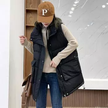 Жилет из хлопка для женщин, средней и длинной длины, осень и зима, новый корейский вариант, свободный жилет и куртка-жилет M чёрный