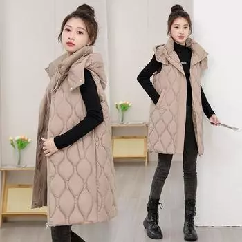 Жилет из хлопка для женщин, зимняя новая, средней длины, с капюшоном, свободная, утепленная, без рукавов, куртка Clipper M чёрный