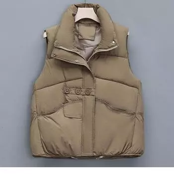 Жилет из хлопка на трех пуговицах, женская, осень 2024 года, новая корейская версия, воротник-стойка, модный универсальный жилет из хлопка, свободное пальто M чёрный