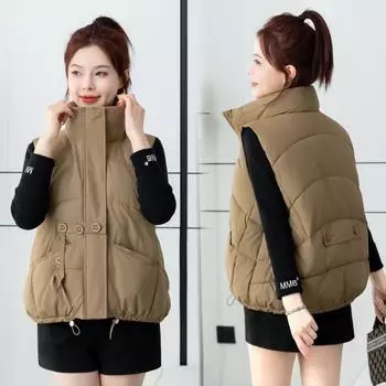 Жилет из хлопка на трех пуговицах, женский новый воротник-стойка, модный универсальный жилет из хлопка, свободное пальто, прилив M чёрный