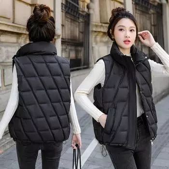 Жилет из хлопка, осенне-зимний, свободный, иностранный стиль, верхняя одежда, жилет, воротник-стойка, новый женский жилет в корейском стиле L чёрный