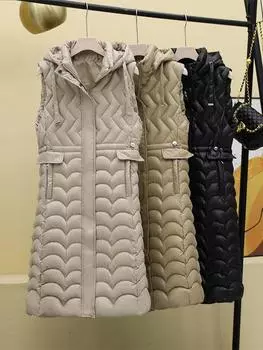 Жилет из хлопка с капюшоном и рыбьей чешуей, заниженная талия, женская зимняя одежда, новая жилетка с карманом на молнии средней и большой длины, куртка M чёрный