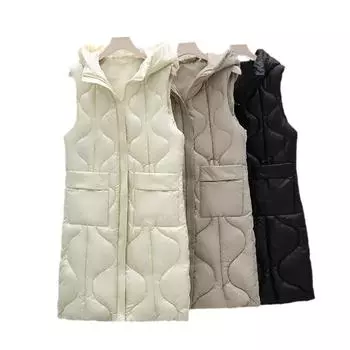 Жилет из хлопка с капюшоном, жилет из хлопка ниже талии, женская зимняя одежда, новый жилет из хлопка средней и длинной длины, жилет, куртка, прилив M чёрный